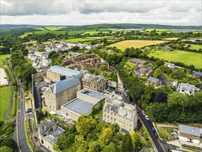 Bodmin Jail and Bodmin Luxury Hotel from a drone, Bodmin Moor, Cornwall, England, UK