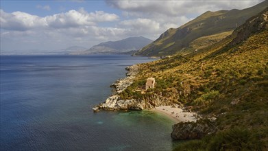 Cloudy weather, coastline, green coastal mountains, small bay, pebble beach, bathers, Zingaro,