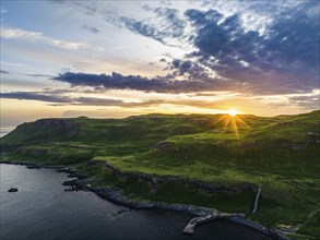 Sunset over Calgary Beach and Bay from a drone, Isle of Mull, Scottish Inner Hebrides, Scotland, UK