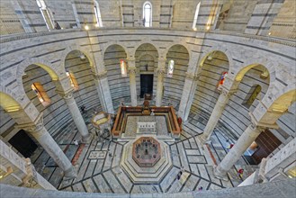 View from balustrade into the Baptistery, Battistero di Pisa, Miracles Square, Piazza dei Miracoli