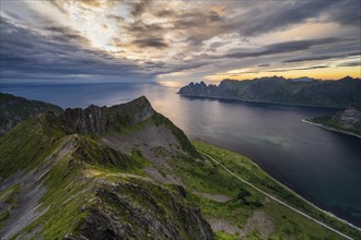 Fjord and mountains, mountain range Okshornan in the back, Senja, Norway, Europe