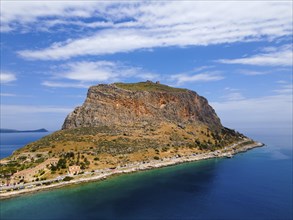 Drone shot, Monemvasia rocks, Monemvassia, Monemwassia, Monembasia, Laconia, Peloponnese, Greece,