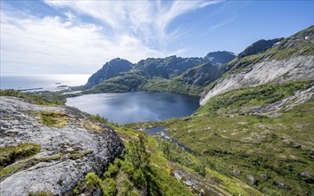 View of lake Stuvdalsvatnet, hiking trail to Munkebu hut, Moskenesoya, Lofoten, Nordland, Norway,