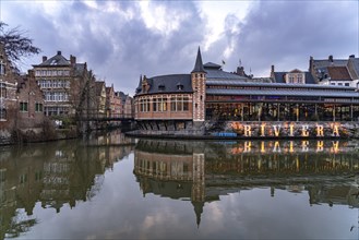 Bar Riviera by the river at dusk, Ghent, Belgium, Europe