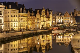 Medieval buildings of the Korenlei Quay on the river Leie at dusk, Ghent, Belgium, Europe