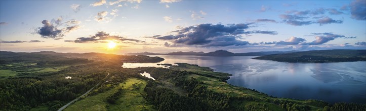 Panorama of sunset over Tobermory from a drone, Isle of Mull, Scottish Inner Hebrides, Scotland, UK