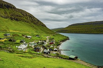 Bour village with many grasstop roofs, Vagar, Faroe islands, Denmark, Europe