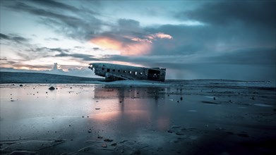 Plane crashed on frozen Solheimasandur beach in winter with snow in Iceland