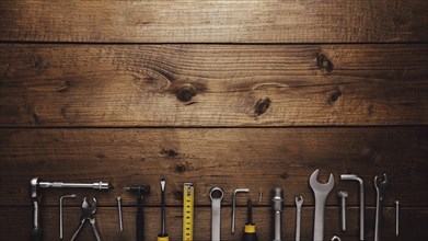 Flat lay with various work tools on wooden background working table. Top view on new hand tool set