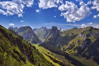 View of Alpstein with mountains Altmann and Säntis, Appenzell Alps, Canton Appenzell Innerrhoden,