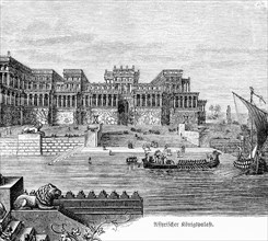 Assyrian Royal Palace, Assyrian Empire, river, sailing ship, galley, lion statue, pageantry, shore,