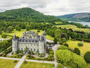 Inveraray Castle from a drone, Clan Campbell, Loch Fyne, Argyll, Scotland, UK