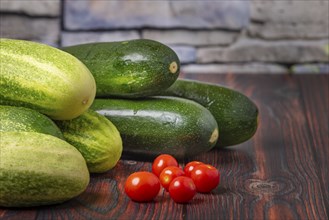 Courgettes (Cucurbita pepo), field cucumbers (Cucumis sativus), tomatoes (Solanum lycopersicum), on