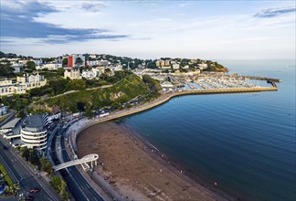 Sunset over Torquay Beach and Marina from a drone, Devon, England, United Kingdom, Europe