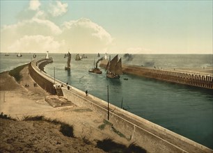 The piers and the harbour, Boulogne-sur-Mer, Hauts-de-France, France, c. 1890, Historic, digitally