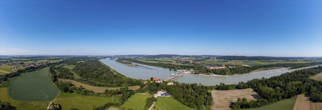 Drone shot, Inn power plant Ering Frauenstein, Frauenstein Castle, Mining, Inn, Innviertel, Upper