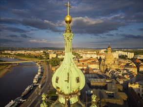 Old town of Dresden with the famous towers. in the foreground the Catholic Court Church