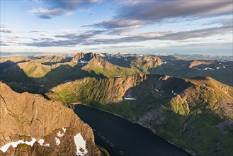 Fjord and mountains, view of Breidtinden peak, Senja, Norway, Europe