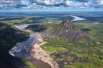 Aerial of the huge granite hills, Cerros de Mavecure, Eastern Colombia