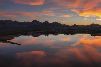 Hopfensee at sunset, Ostallgäu, Swabia, Germany, East Allgäu, Hopfensee, Bavaria, Germany, Europe