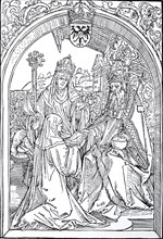 Illustration to the Opera Hrosvitae, Roswitha presents her works to Emperor Otto I in the presence