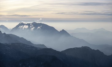 Evening mood, silhouettes, dramatic mountain landscape, view from Hochkönig, Salzburger Land,