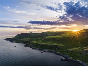 Sunset over Calgary Beach and Bay from a drone, Isle of Mull, Scottish Inner Hebrides, Scotland, UK