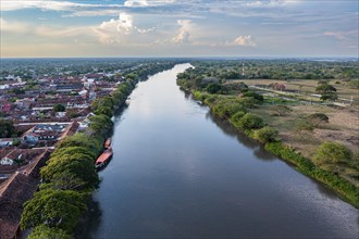 Aerial of the Magdalena river and the Unesco world heritage site, Mompox, Colombia, South America