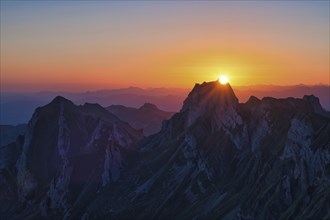 Alpstein Mountains at sunrise, view of Mount Hoher Kasten, Canton Appenzell Innerrhoden,