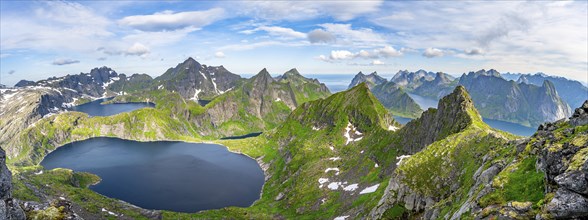 Panorama, mountain landscape with steep rocky peaks and lake Tennesvatnet and Krokvatnet, in the