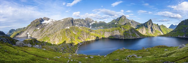 Panorama, mountain landscape with lake Tennesvatnet and Fjerddalsvatnet, at sunrise, in the back