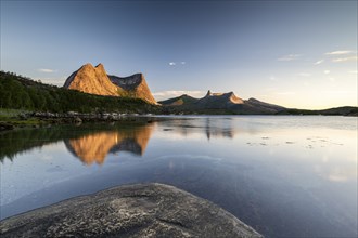 Mount Stortinden reflected in the fjord, Efjord, Tysfjord, Ofoten, Nordland, Norway, Europe