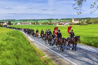 Easter riding procession in Crostwitz, Easter riding in Lusatia. Procession from Crostwitz to