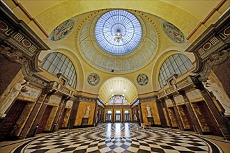 Foyer with glass dome in the spa hotel and Casino in the evening, Wiesbaden, Hesse, Germany, Europe