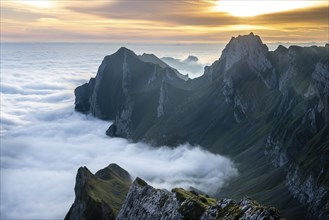 Sunrise over ridge in Alpstein, high fog in valley, Säntis, Appenzell Ausserrhoden, Appenzell Alps,