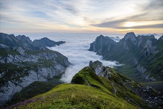 Alpstein, valley of Meglisalp at sunrise, high fog in the valley, Säntis, Appenzell Ausserrhoden,