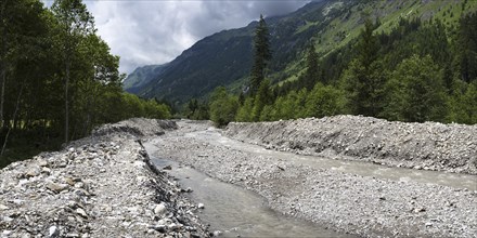 Illegal stream straightening in a nature reserve, Rappenalpbach in the Rappenalptal valley near