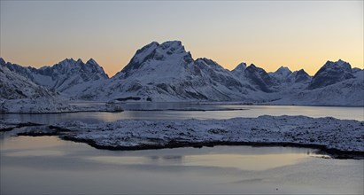 Mountain panorama at dawn in Lofoten, Norway, Europe