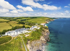 Hallsands North Beach from a drone, Trinity House and South West Coast Path, Hallsands, Devon, UK