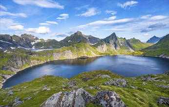 Mountain landscape with lake Tennesvatnet, at sunrise, in the back peak of Hermannsdalstinden,