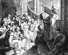 Martin Luther preaching in the monastery in front of Staupitz to other monks as a preparatory