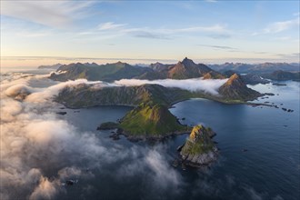 Coast, fjords and mountains, Mount Trehyrna, near Nykvag, Langoya island, Vesteralen archipelago,