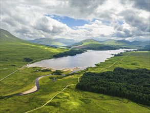 Loch Tulla and Beinn Dorain from a drone, Glen Coe, Highlands, Scotland, UK