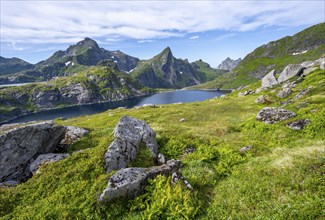 Lake Tennesvatnet and mountain landscape with rocky pointed peaks, Hermannsdalstinden mountain in