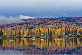 Birch Lake with weekend cottage, Richardson Highway, reflections, autumn, intense colouring,