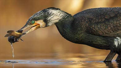 Great cormorant (Phalacrocorax carbo) with catfish as prey, hunting, fishing, preying, sunrise,