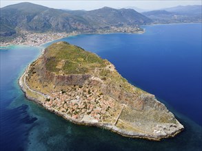 Drone shot, Monemvasia rocks, Monemvassia, Monemwassia, Monembasia, Laconia, Peloponnese, Greece,