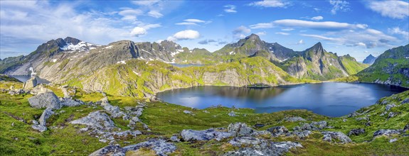 Mountain landscape with steep rocky peaks and lake Tennesvatnet, in the back peak of