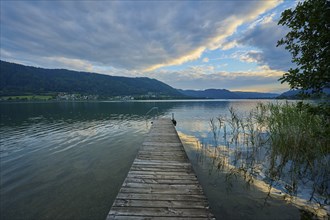 Lakeside, bathing jetty, sky, clouds, sunset, summer, Steindorf am Lake Ossiach, Lake Ossiach,