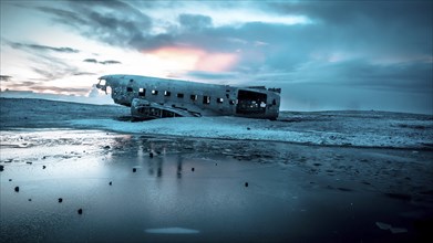 Aerial drone view of crashed plane on frozen Solheimasandur beach in winter, Iceland, Europe